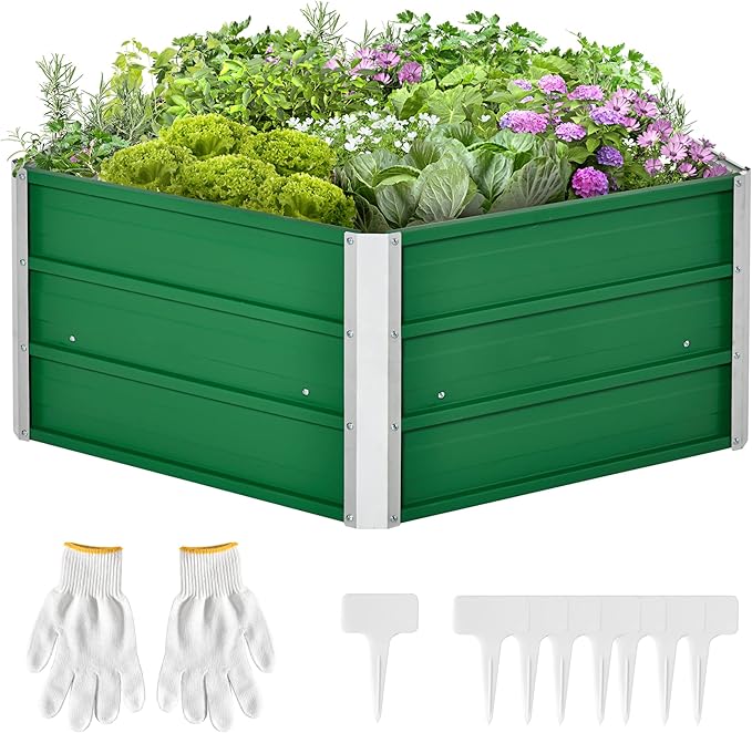 40'' x 16'' Hexagon Metal Raised Garden Bed Elevated Large Corrugated Galvanized Steel Planter Box w/Install Gloves for Backyard Patio to Grow Vegetables Herbs and Flowers Green