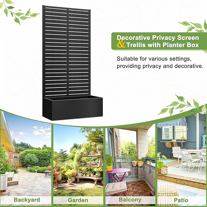 FENCY Metal Raised Garden Bed with Trellis Metal Planter Box with Trellis Garden Box for Climbing Plants Vegetable 35 Lx16 Wx71 H Garden Bed with Drainage Holes(Black-Louvered)
