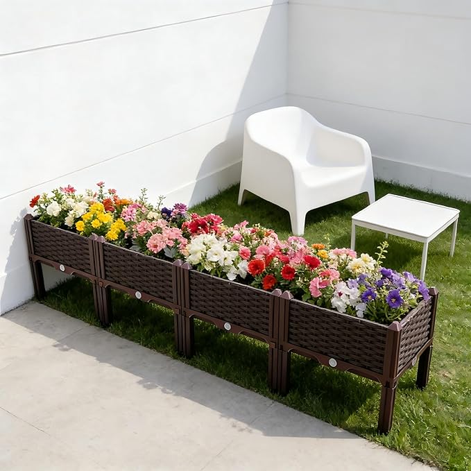Raised Garden Bed with Drainage Elevated Planter Box Plastic Raised Beds for Gardening Vegetables Herb Flowers Perfect for Vegetables Flowers Fruits 4 Boxes Brown