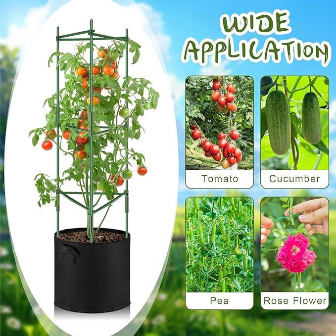 2 Pack 47 Tomato Cages with 10 Gallon Grow Bag Adjustable Tomato Cages for Garden Trellis Pots for Potted Plants Vertical Climbing Vegetables Outdoor Indoor