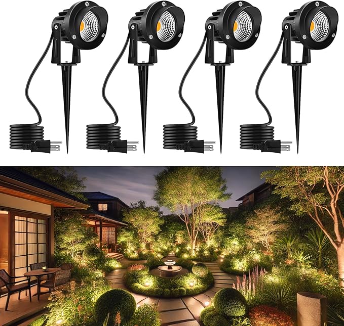 Romwish Outdoor Spotlight 3000K Warm White12W LED Spot Lights Outdoor for Yard Garden Tree 120V Plug in Landscape Lighting with IP65 Waterproof for Lawn Decorative 4 Pack