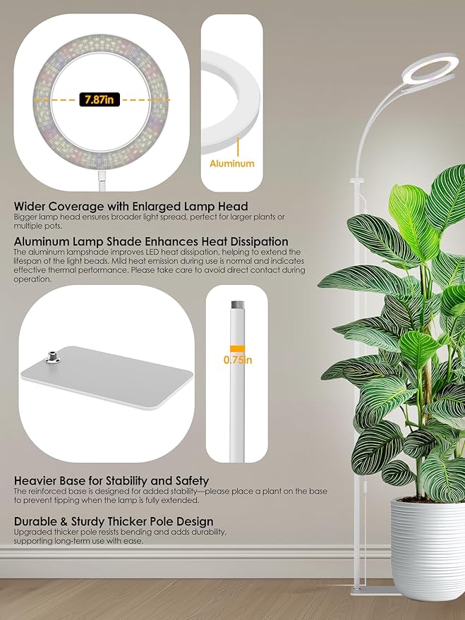GLOWRIUM Grow Lights for Indoor Plants Full Spectrum LED Grow Light Stepless Dimming3 Lighting Mode and Adjustable Height Plant Light with 3/9/12/16H Timer (White 48W)