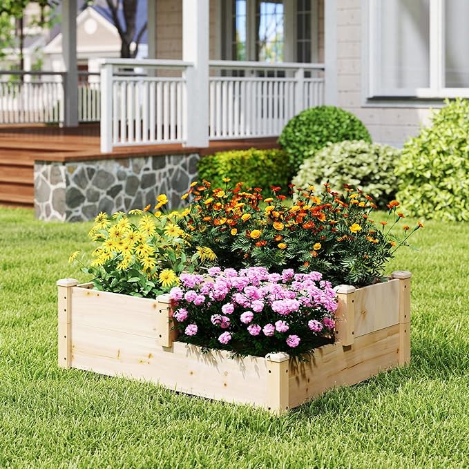 S AFSTAR 3-Tier Raised Garden Bed Outdoor Elevated Planter Box for Vegetable Fruit Herb Flower Solid Fir Wood Planter Kit with Open-Ended Base Gardening Planter for Garden Yard Lawn Backyard