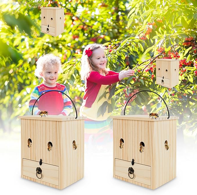 Carpenter Bee Traps for Outside 2PACK– Durable Weather-Resistant Eco-Friendly Wooden Wasp Trap for Outdoor Use