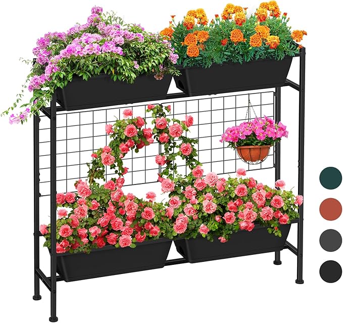 Raised Garden Beds Outdoor Elevated Garden Planter Boxes with Trellis and Legs Standing 32.4 Flowers Beds Herbs Vertical Planters for Small Climbing Plant Vegetables Patio Balcony Black