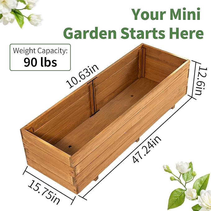 Wooden Planter Box 47.24 x 15.75 x 12.6 – Fir Wood Raised Garden Bed for Vegetables Herbs &amp Flowers Includes Fabric Planter Liner 4 Drainage Holes Water-Based Finish