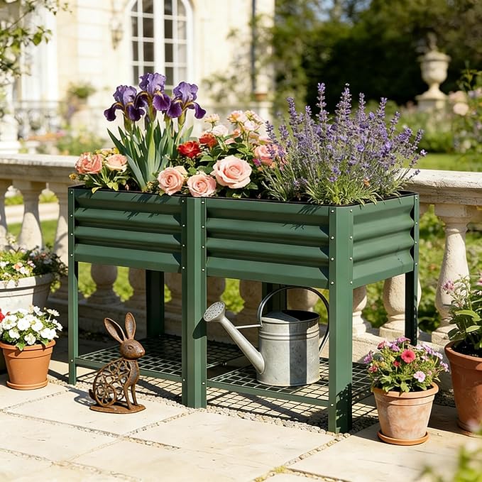 Elevated Outdoor Raised Garden Bed with Legs - 39.6-Gallon Galvanized Steel Planter Box for Patio Herbs Vegetables &amp Flowers - Ergonomic Height 33lb Storage Shelf (Green)