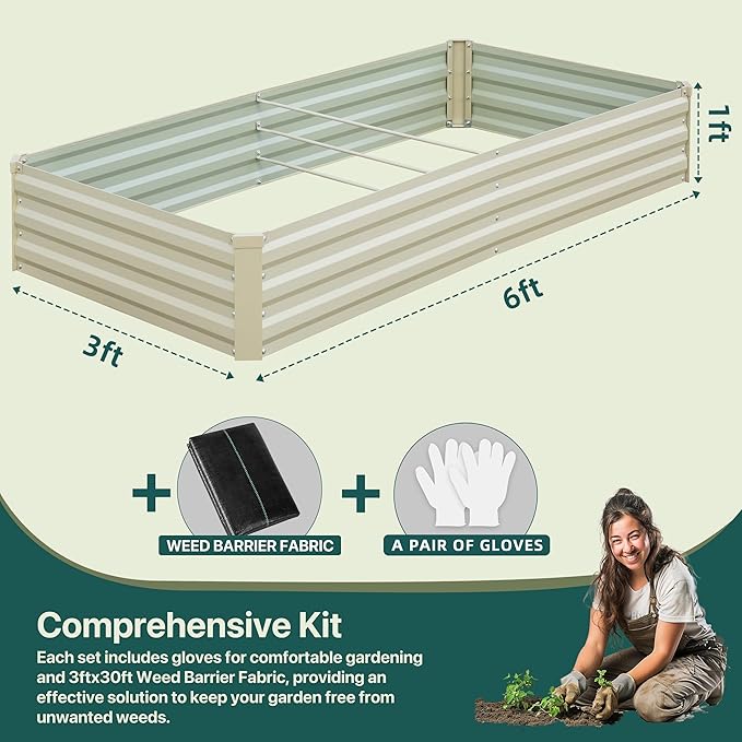 Raised Garden Bed Beige 6x3x1ft Galvanized Raised Garden Bed Outdoor Metal for Gardening Vegetables Flower Garden Planter Box Large Raised Bed with Gloves and 3ftx30ft Weed Barrier Fabric