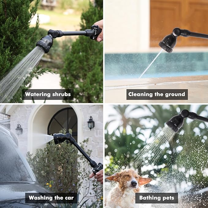 RESTMO Metal Watering Wand Heavy Duty Garden Hose Wand with 180° Swivel Head 16'' Hose Nozzle Sprayer with 7 Spray Patterns and Flow Control for Water Hanging Baskets and Shrubs Flash Black