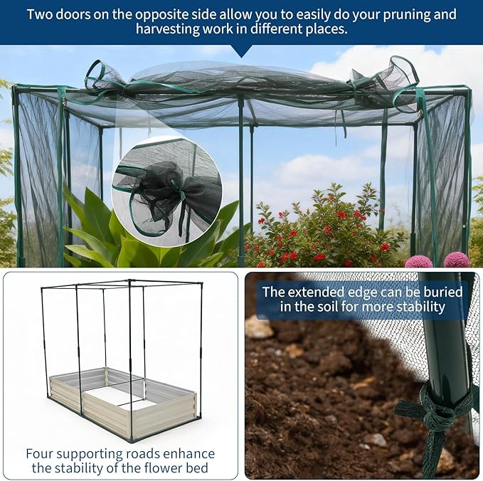 GarveeLife Galvanized Raised Garden Bed with Plant Protection Net and Shade Canopy Metal Planter Boxes Bottomless for Planting Vegetables Flowers Herbs 6 x 3 x 1 ft Beige