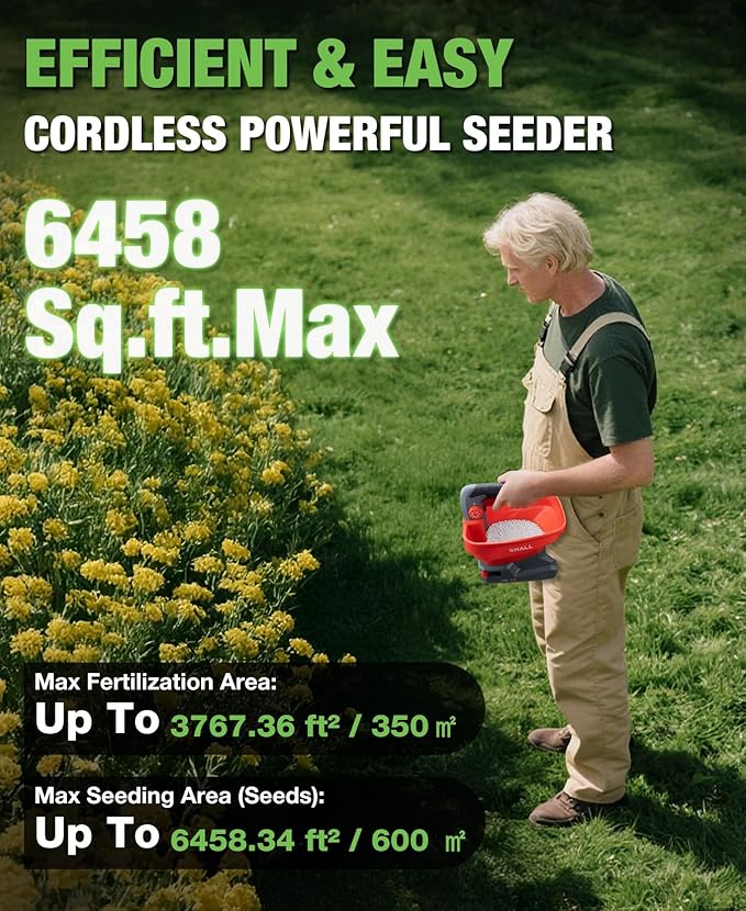 SHALL Battery Powered Fertilizer Spreader 7.2V Rechargeable Seed Spreader for Salt De-Icer Earth Food Grass Seed 8-Level Settings and 3.3L Large Capacity Spreading up to 6458 sq.ft