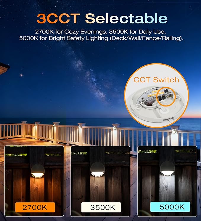 CLOUDY BAY [6 Pack] 3CCT Low Voltage LED Deck Lights Outdoor2700K/3500K/5000K SelectableLandscape Step Stair Railing Fence Light Wired3W12V-24V AC/DC Deck Lighting FixturesWhite