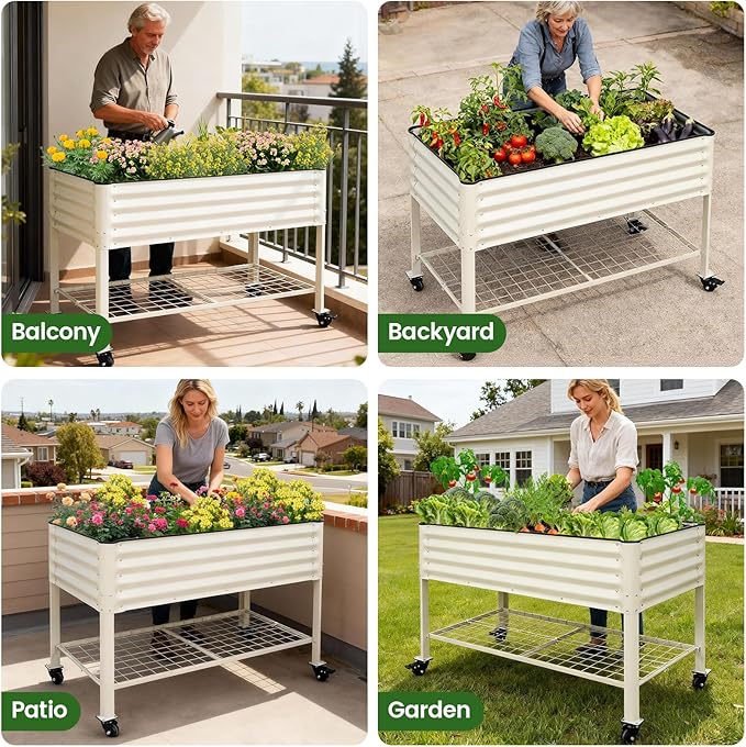 Elevated Raised Garden Bed 2' x 4' - Galvanized Planter Boxes with Legs Wheels and Storage Rack Outdoor Planters for Backyard/Patio/Balcony with Drainage Holes for Vegetables Flowers Herbs White