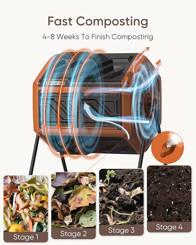 THEGROW'ING Updated 43 Gallon Outdoor Compost Bin. with Thermometer Fast to Assemble. Tumbling Design Dual Chambers. Rotating Function Ideal for Outside Backyard Garden Yard. Orange.