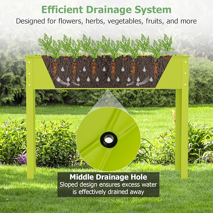 HAPPYGRILL Raised Garden Bed 31.5” Elevated Planter Box w/Legs Drainage Hole Hemming Design Metal Garden Box for Vegetable Herb Outdoor Raised Beds for Gardening Backyard Porch Balcony Green