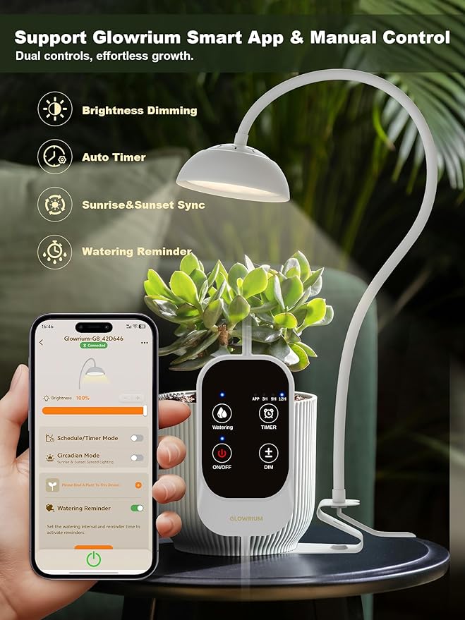 GLOWRIUM Smart Grow Lights for Indoor Plants10W Full Spectrum Plant Lights with Bluetooth App Control 360° Flexible Gooseneck Grow Lamp Auto Timer 3/9/12Hrs 10 Brightness for Small Plants (White)