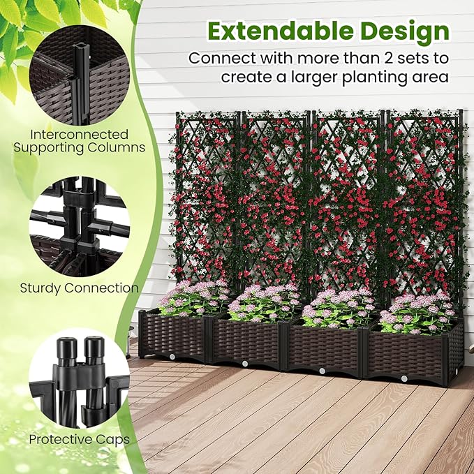 Giantex Raised Garden Bed with Lattice Trellis Self-Watering Planter Box with Drain Hole for Vine Vegetable Herb Flower Fruit Indoor Outdoor Standing Privacy Fence for Yard Porch Balcony