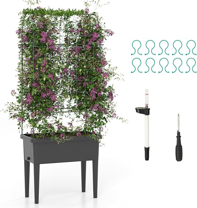 Happygrill Raised Garden Bed with Trellis 4 in 1 Self-Watering Planter w/Water Level Observer Drainage Holes Climbing Net &amp Detachable Legs Garden Cucumber Planter for Vegetables Flowers