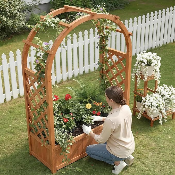VINGLI Raised Garden Bed with Trellis &amp Hanging Roof Wooden Garden Bed Outdoor Planter Box for Yard Garden Balcony (Natural Wood Color Arched)