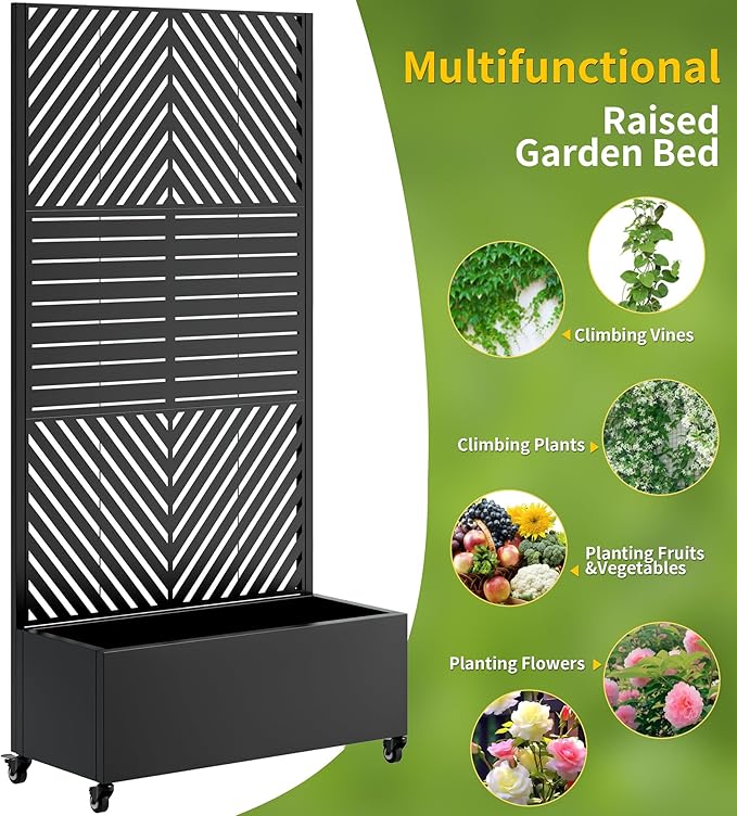 Metal Planter Box with Trellis Outdoor Raised Garden Bed with 4 Wheels Trellis Features Drainage Holes 72X47X16 Privacy Screen with Planter Box for Climbing Plants Vegetables (A-Black)