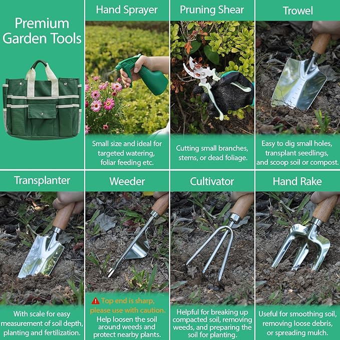 LeMotech Garden Tool Set10 Pieces Heavy Duty Gardenting Tool Kit Folding Stool with Detachable Tote Bag Thicker Stainless Steel Tools (Trans-PlanterTrowelWeeder etc.) for Women Men