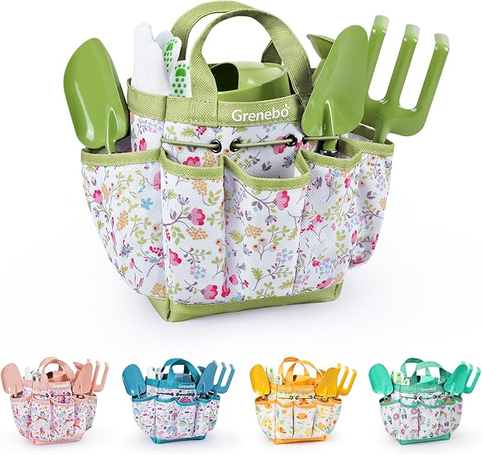 Kids Gardening Set Toys Quality Garden Tool Kit for Kids and Toddlers Includes Two Shovels Garden hatRake ApronGloves Watering Can and Tool Bag (Green)