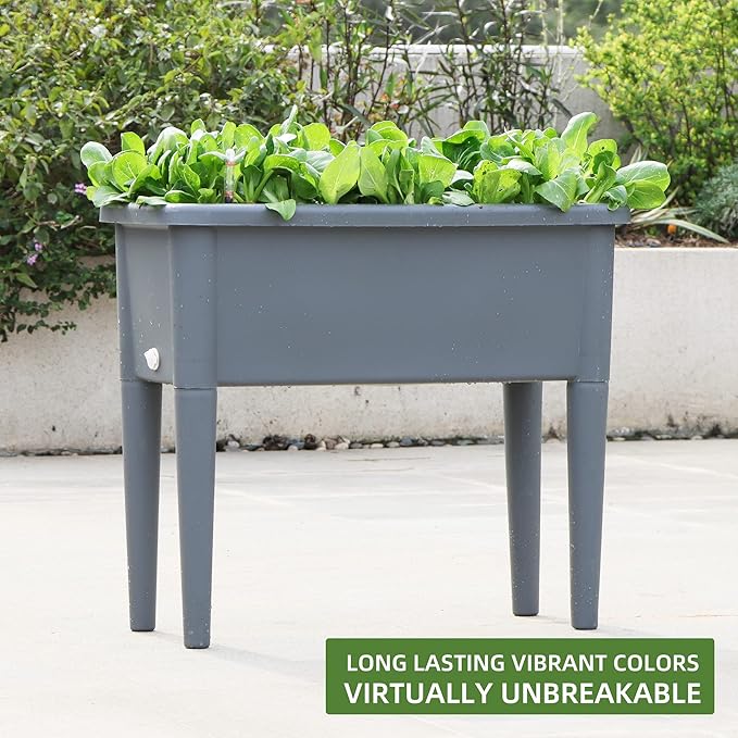 Dexceder 13.2 Gallon Self Watering Raised Garden Bed with Ventilation Transparent Lid Greenhouse Deepen Vegetable Flower Box Planter Pot with Removeble Legs &amp Water Level Indicator (Deep Gray)