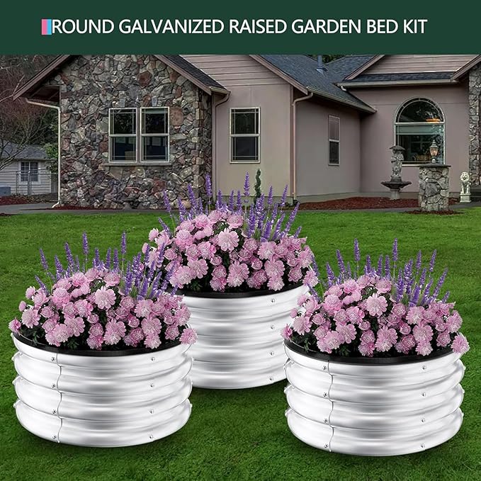 IDEALHOUSE Metal Raised Garden Bed 3 Pack 2×2×1 ft Round Outdoor Planter Boxes Durable Galvanized Steel Containers for Vegetables Fruits Flowers Open Bottom Easy Assembly Unfinished