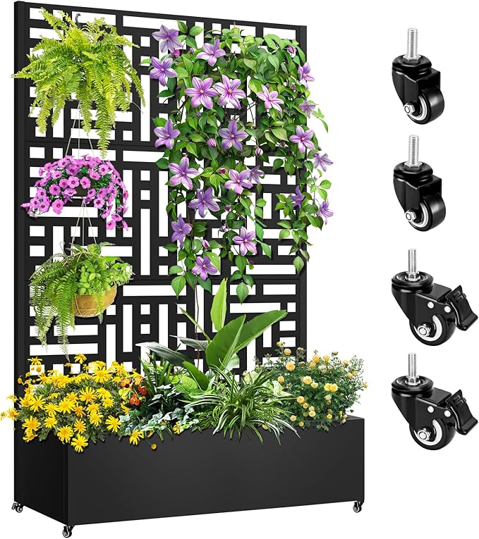 Metal Planter Box with Trellis 72x47x16 Metal Raised Garden Bed with Trellis Trellis Planter Box with Drainage Holes &amp Lockable Casters for Climbing Plants Vegetables and Vines