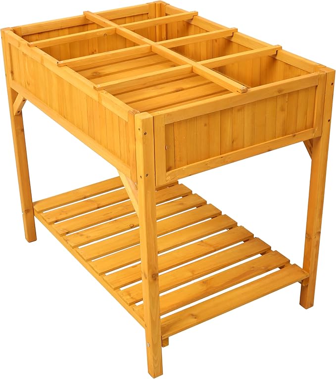 Raised Garden Bed with Legs Wooden Elevated Planter Box with 8 Grids Divider Protective Liner Standing GPlanter Bed for Vegetables Flowers Herbs on Deck Patio Backyard
