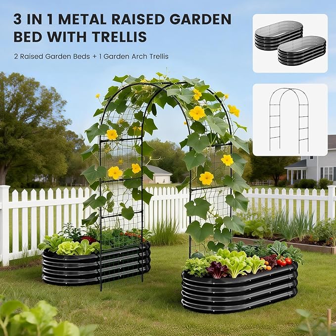 3 in 1 Galvanized Raised Garden Bed with 87 H Arch Trellis for Climbing Plants Outdoor Gardening Planter Box with Climbing Net for Flower Vegetables Fruits Herbs Black
