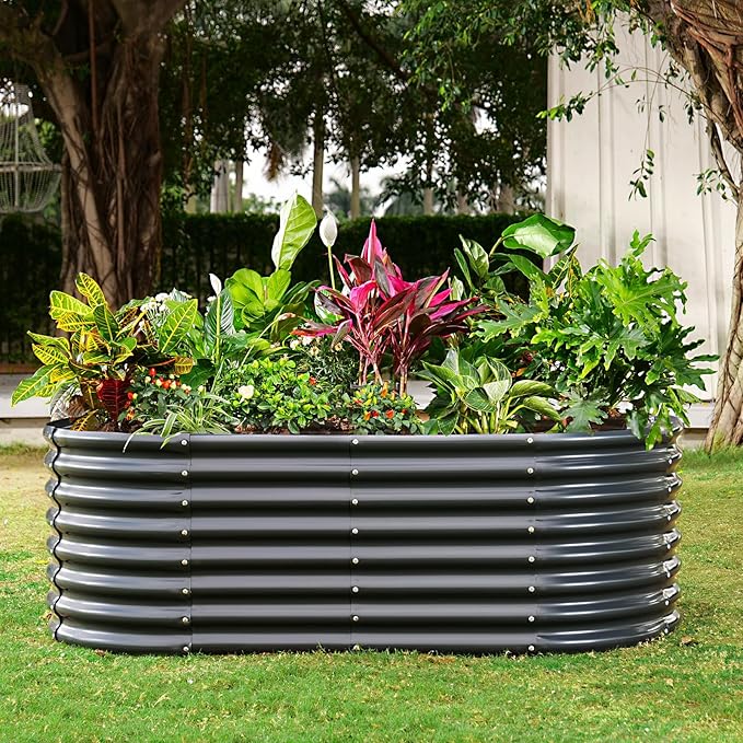 Land Guard Galvanized Raised Garden Bed 8x4x2ft Planter Boxes Outdoor Oval Larger Metal Planter Boxes for Vegetables Fruits Flowers (Grey)