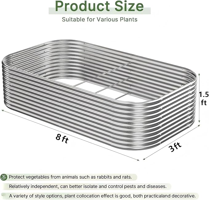 2 PCS Tall 8x3x1.5ft Galvanized Raised Garden Bed Outdoor Metal Garden Bed for Vegetables Above Ground Garden Box for Flower Steel Raised Beds for Gardening