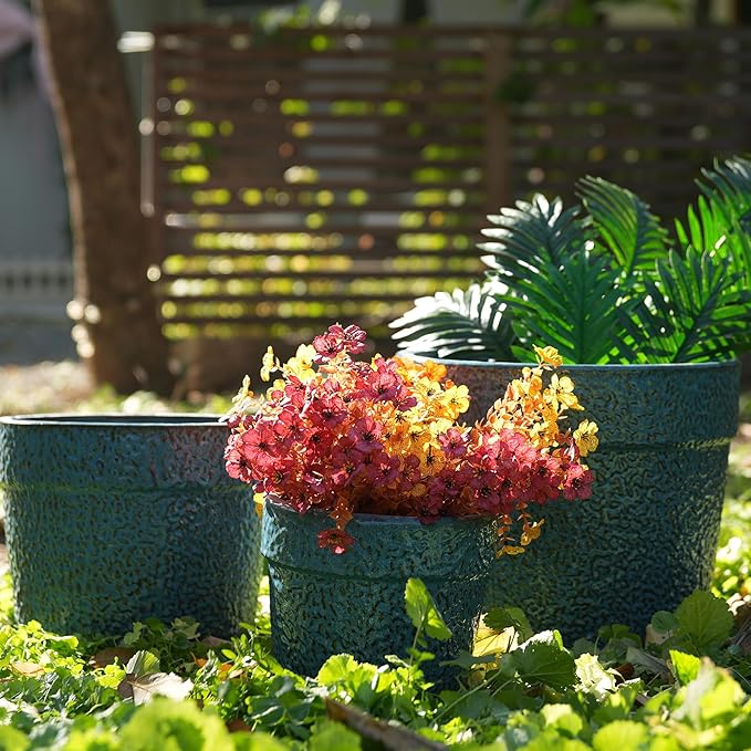 Handmade Ceramic Planter Set of 3 15129 Inch Diameter Blue Textured Pattern for Succulents Indoor Plants Windowsill Bookshelf Use Breathable Clay