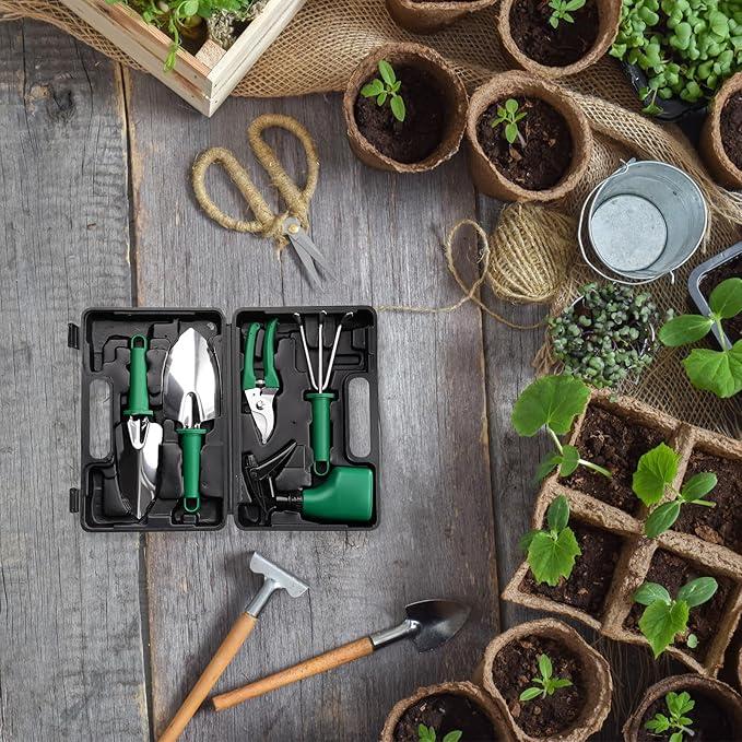 HARFINGTON 1 Set Garden Tool Set 5 Pieces Plastic Gardening Planting Tools Kits with Shovels Rake Scissor Water Sprayer and Store Case Green