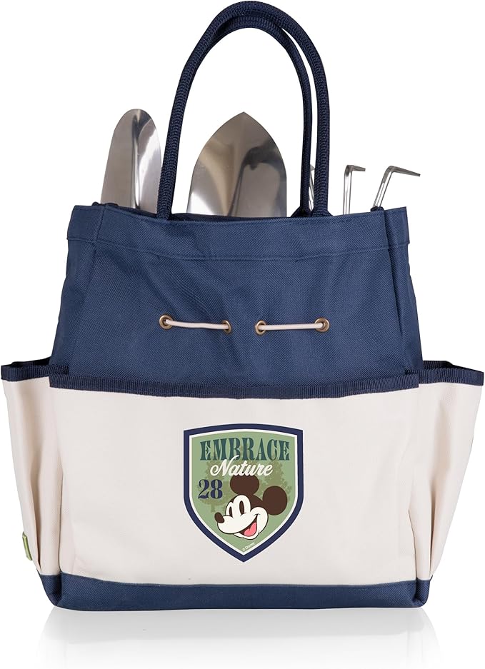 Picnic TIME Disney Mickey Mouse Garden Tote with Tool Set Durable Garden Tool Organizer Bag with 3 Hand Tools and Exterior Pockets Giftable Gardening Essential (Navy Blue with Beige Accents)