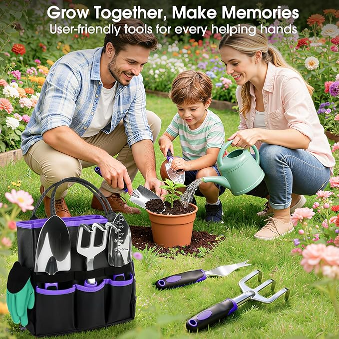 WOWBOX Garden Tools Set - 10 PCS Heavy Duty Gardening Hand Tools Kit with Storage Tote Rust-Resistant Gardening Supplies for Planting with Non-Slip Ergonomic Handle for Women and Men (Purple)