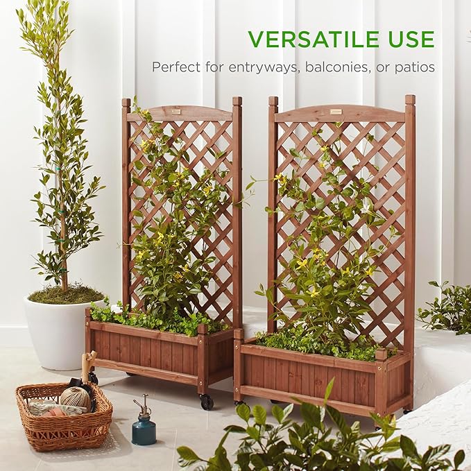 Best Choice Products Set of 2 48in Wood Planter Box &amp Diamond Lattice Trellis Mobile Outdoor Raised Garden Bed for Climbing Plants w/Drainage Holes Optional Wheels - Walnut