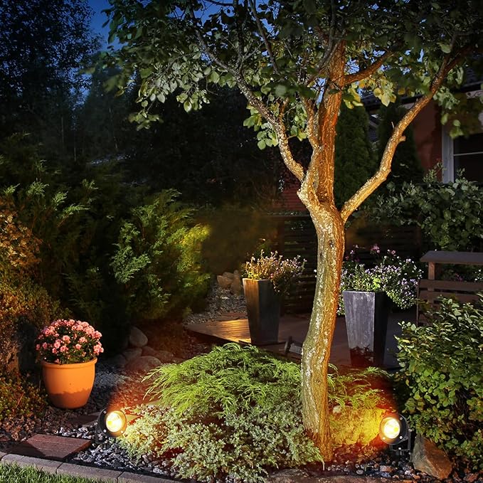LED Outdoor Spot Lights120V Landscape Lighting Outdoor Spotlight With Plug Cord  2700K-6500K Stepless Dimmable Landscape Light with Timer and Remote for Yard Garden Pathway flag (18W Pack 4)
