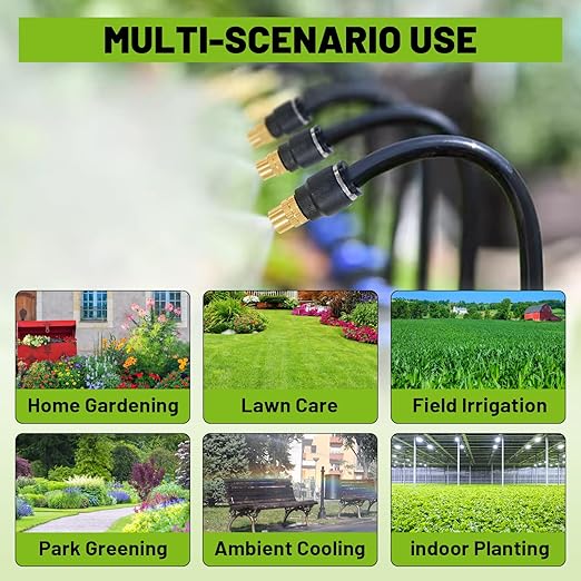 Drip Irrigation Kit - 100 FT. Hose Sprinkler System with 360° nozzles and T-connectors for Gardens lawns Plants Flower beds Trees patios and hydroponics (Closeable nozzle-20)