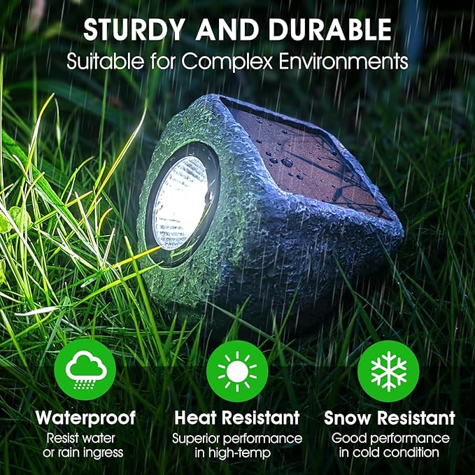 4 Pack Solar Garden Rock Lights Outdoor 20 LM Bright White Spotlights with Auto On/Off IP65 Waterproof 6000K Led Solar Powerd Landscape Stone Lights for Pathway Walkway Yard Patio