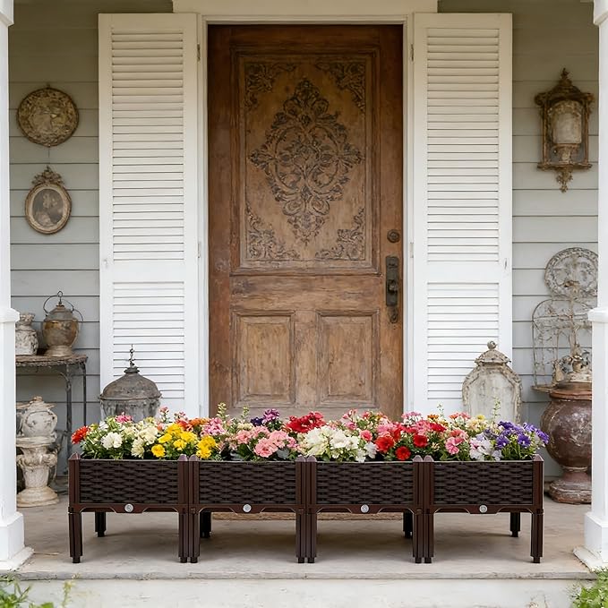 Raised Garden Bed with Drainage Elevated Planter Box Plastic Raised Beds for Gardening Vegetables Herb Flowers Perfect for Vegetables Flowers Fruits 4 Boxes Brown