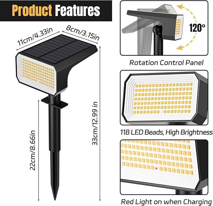 Solar Spot Lights Outdoor [4 pack/118 LED] 4 Modes Auto On/Off Solar Landscape Spotlights Ip67 Waterproof Solor Powered Pathway Lights for Outside Yard Garden Walkway Tree Patio (Warm White)