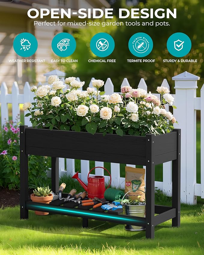 SERWALL Raised Garden Bed with Legs Set of 2 43×17×30 Large HDPE Elevated Planter Box for Vegetables Flower Herb Patio All Weather Use-Black