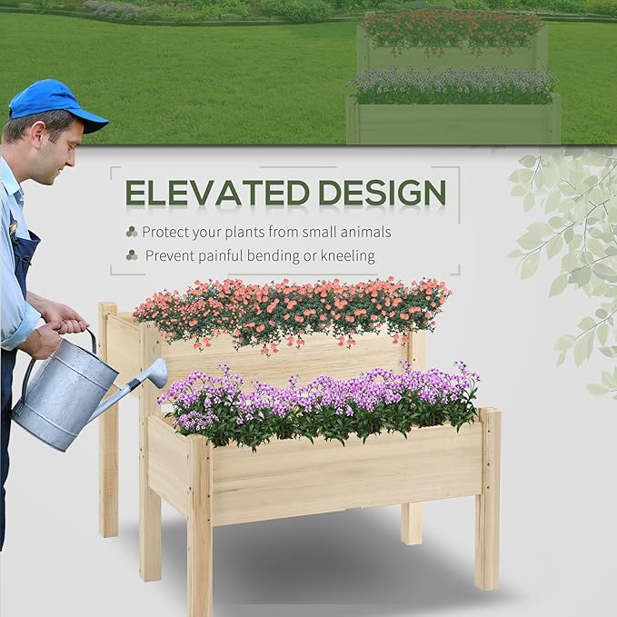 Planter Raised Beds Planter Boxes Raised Flower Bed 4x34x28 Wood Natural 2-Tier for Backyard Patio to Grow Vegetables Herbs and Flowers