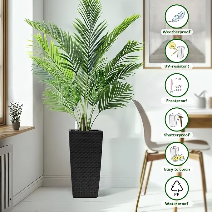 Square Planter for Indoor or Outdoor Use 22 Inch High Faux Rattan Flower Pot with Automatic Watering System for Porch Patio Backyard Makes Keeping Flowers Easier (Pack of 2 Black)