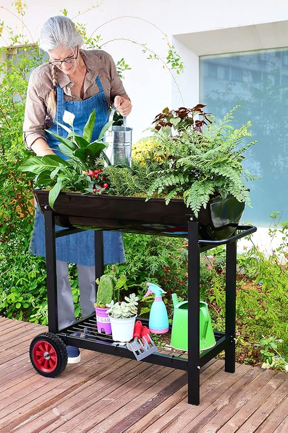 Aveyas Metal Raised Planter Box on Wheels with Gardening Kit Elevated Mobile Garden Bed Cart with Legs -Compatible with Indoor &amp Outdoor Patio Backyard Planting of Vegetables Herbs Flowers