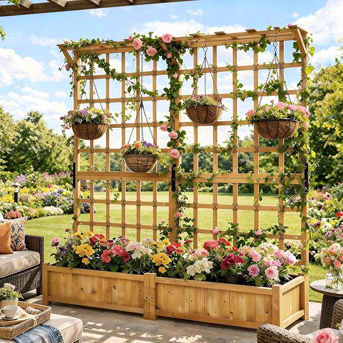 Aoxun 36 Raised Garden Bed with Trellis Wood Planter Container with Hanging Roof &amp Garden Boxes for Climbing Plants Flowers Vine (1 piece)