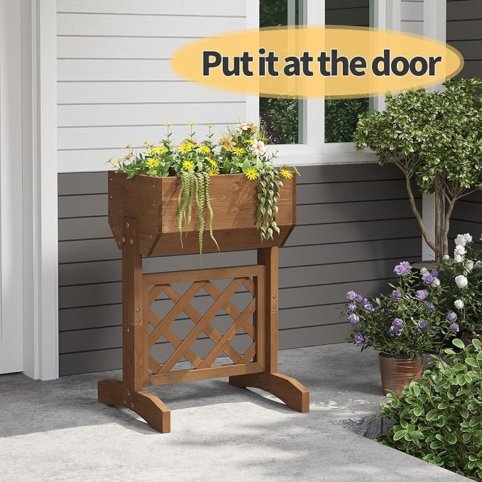 Raised Garden Bed with Diamond Lattice TrellisWood Planter Box Stand for Backyard Patio BalconyOutdoors (Brown)