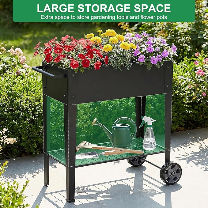 Elevated 32 Tall Raised Garden Bed with Legs and Wheels for Mobility Metal Planter Boxes Outdoor with Shelf Raised Bed for Gardening Vegetables/Herbs Backyard Patio Balcony Black